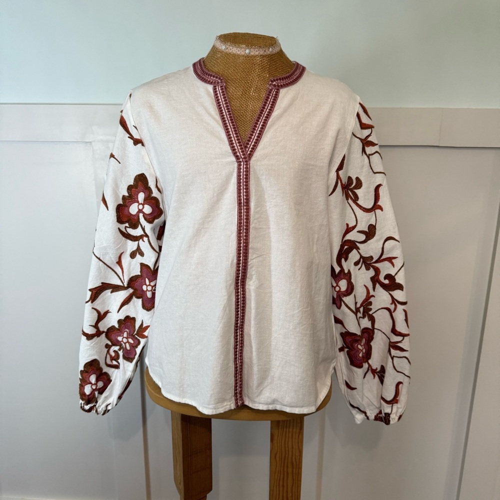 Calypso St. Barth Embroidered Floral‎ Blouse Women’s Small White Long Sleeve